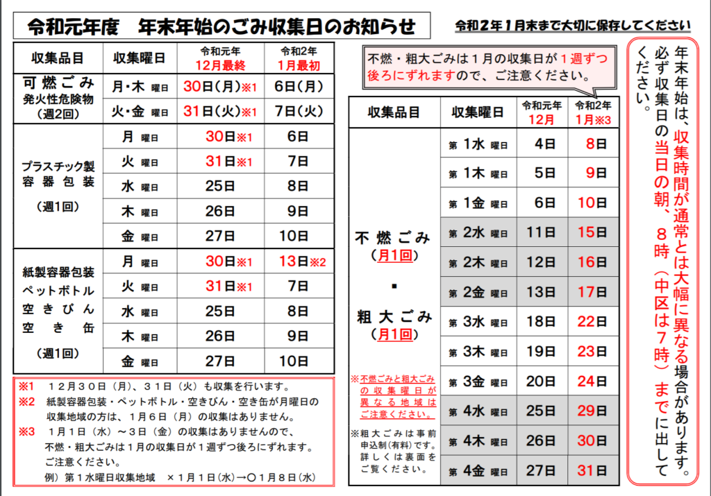 千種区生活 2019 2020年末年始スケジュール 地下鉄 バス ゴミ 編 ちくさん