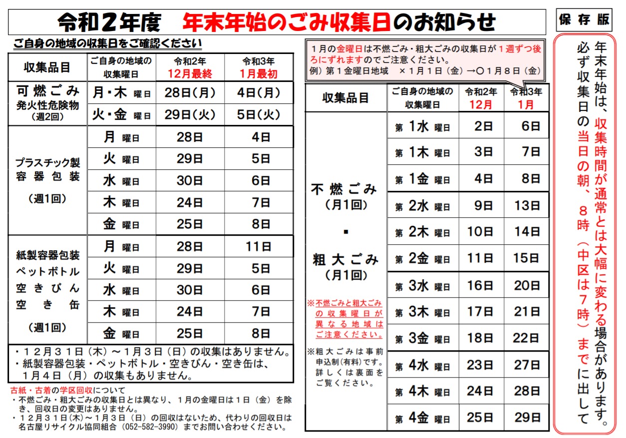 千種区生活 2020年度 令和2年 年末年始 ゴミ収集日一覧 はこちら ちくさん